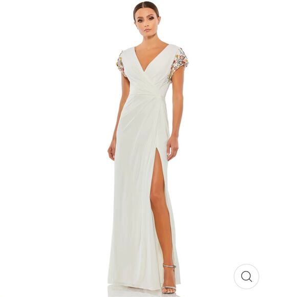 NWT Ieena Mac Duggal Jersey Wrap Gown Women's Size 6 Embellished Sleeve White - Picture 1 of 15